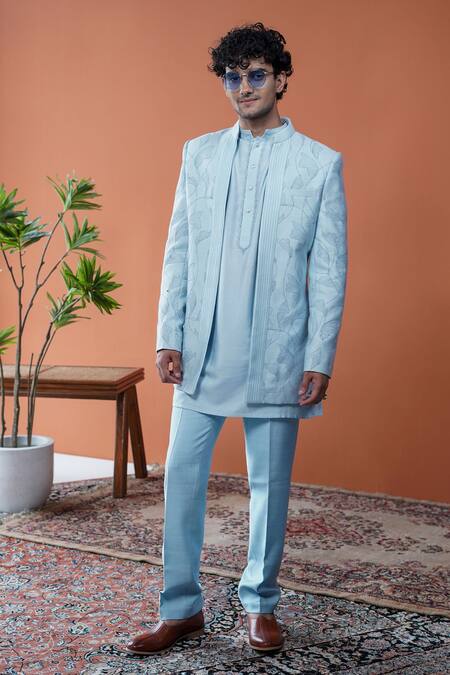 Philocaly_Sky Blue Embroidery Neelraj Floral Dori Bandhgala _Online_at_Aza_Fashions