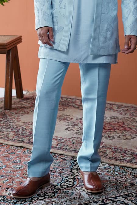 Philocaly_Sky Blue Cotton, Silk Neelraj Pintuck And Floral Dori Bandhgala Kurta _Online_at_Aza_Fashions