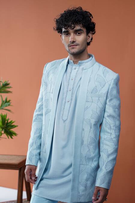 Buy_Philocaly_Sky Blue Cotton, Silk Neelraj Pintuck And Floral Dori Bandhgala Kurta _Online_at_Aza_Fashions
