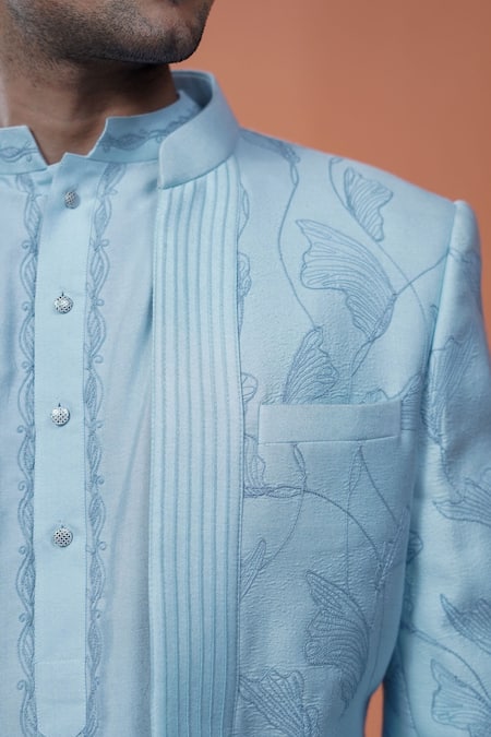 Philocaly_Sky Blue Cotton, Silk Neelraj Pintuck And Floral Dori Bandhgala Kurta _at_Aza_Fashions