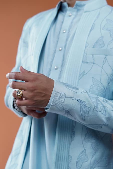 Buy_Philocaly_Sky Blue Cotton, Silk Neelraj Pintuck And Floral Dori Bandhgala Kurta 