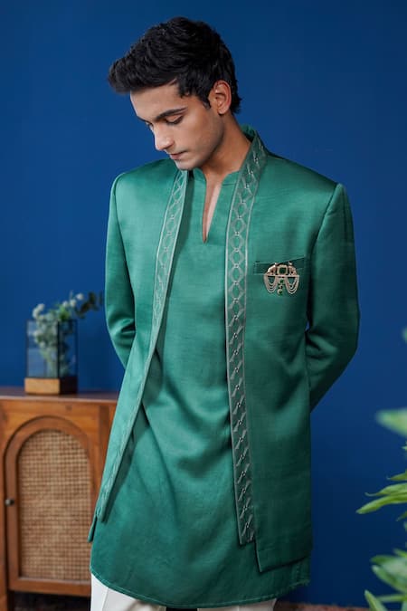 Philocaly_Emerald Green Linen, Satin Embroidery, Brooches Vishruta Shawl Lapel Bandhgala _Online_at_Aza_Fashions