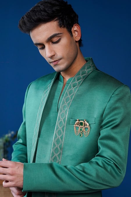 Shop_Philocaly_Emerald Green Linen, Satin Vishruta Shawl Lapel Bandhgala And Kurta _Online_at_Aza_Fashions