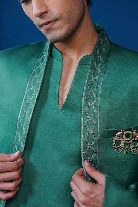 Philocaly_Emerald Green Linen, Satin Vishruta Shawl Lapel Bandhgala And Kurta _at_Aza_Fashions