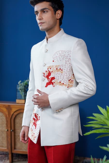 Philocaly_Off White Silk Embroidery Phoenix Bandhgala _Online_at_Aza_Fashions