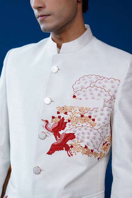 Buy_Philocaly_Off White Silk Embroidery Phoenix Bandhgala _Online_at_Aza_Fashions