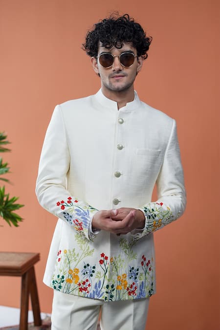 Philocaly Off White Silk Embroidery Malhaar Floral Blend Bandhgala 