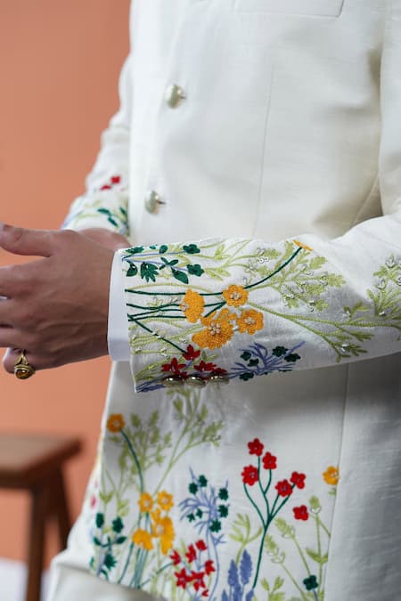 Philocaly_Off White Silk Embroidery Malhaar Floral Blend Bandhgala _Online_at_Aza_Fashions