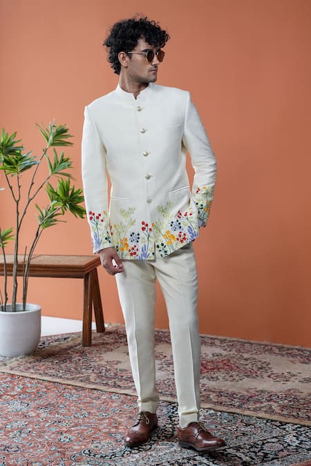 Shop_Philocaly_Off White Silk Embroidery Malhaar Floral Blend Bandhgala _Online_at_Aza_Fashions