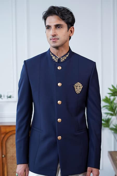 Philocaly Navy Wool Embroidery Indranil Dabka Bandhgala Online at Aza Fashions Philocaly_Navy Wool Embroidery Indranil Dabka Bandhgala _Online_at_Aza_Fashions