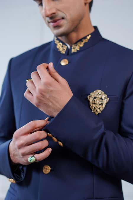 Buy Philocaly Navy Wool Embroidery Indranil Dabka Bandhgala Online at Aza Fashions Buy_Philocaly_Navy Wool Embroidery Indranil Dabka Bandhgala _Online_at_Aza_Fashions