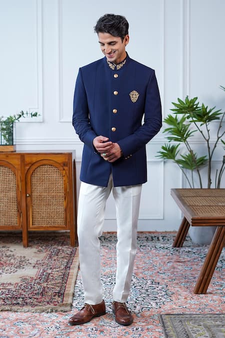 Shop Philocaly Navy Wool Embroidery Indranil Dabka Bandhgala Online at Aza Fashions Shop_Philocaly_Navy Wool Embroidery Indranil Dabka Bandhgala _Online_at_Aza_Fashions
