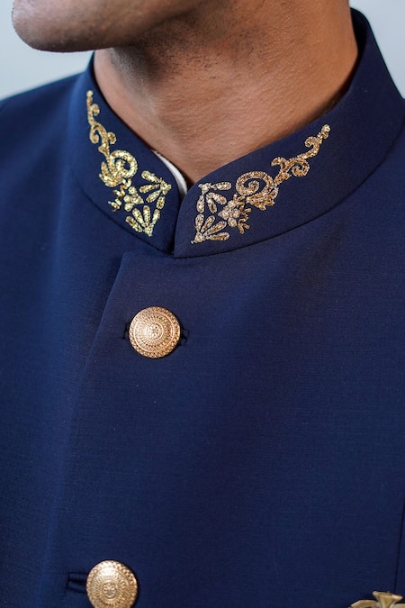Philocaly Navy Wool Embroidery Indranil Dabka Bandhgala at Aza Fashions Philocaly_Navy Wool Embroidery Indranil Dabka Bandhgala _at_Aza_Fashions