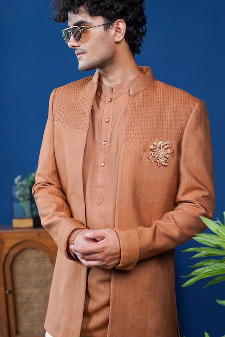 Philocaly_Orange Cotton, Silk Embroidery, Brooches Ujjwal Pintuck Bandhgala  _Online_at_Aza_Fashions