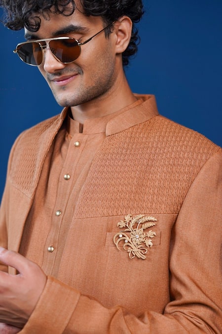 Shop_Philocaly_Orange Cotton, Silk Embroidery, Brooches Ujjwal Pintuck Bandhgala  _Online_at_Aza_Fashions