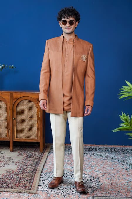 Philocaly Rust Cotton, Silk Embroidery, Brooches Bandhgala And Kurta 