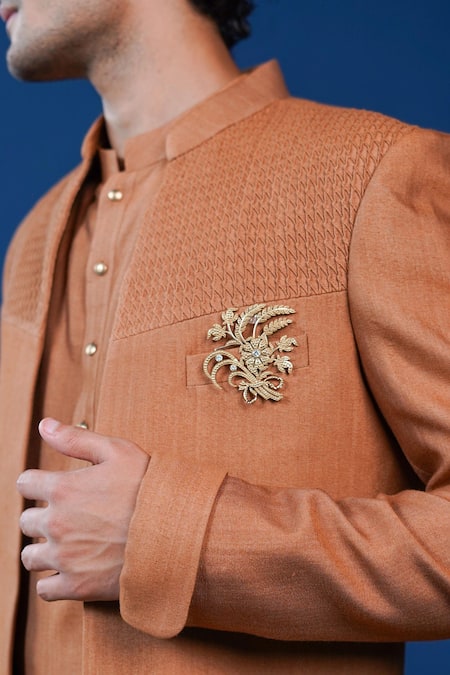Buy_Philocaly_Rust Cotton, Silk Embroidery, Brooches Bandhgala And Kurta _Online_at_Aza_Fashions
