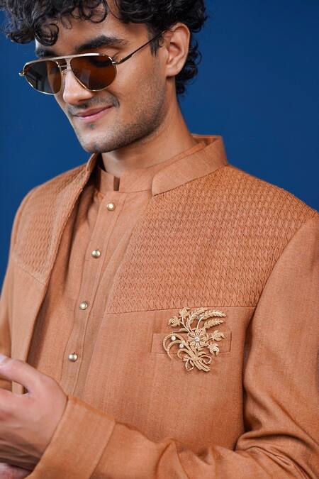 Shop_Philocaly_Rust Cotton, Silk Embroidery, Brooches Bandhgala And Kurta _Online_at_Aza_Fashions
