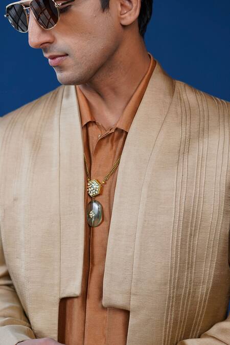 Philocaly Beige Linen, Satin Rivat Pintuck Shawl Lapel Open Indowestern Jacket Online at Aza Fashions Philocaly_Beige Linen, Satin Rivat Pintuck Shawl Lapel Open Indowestern Jacket _Online_at_Aza_Fashions