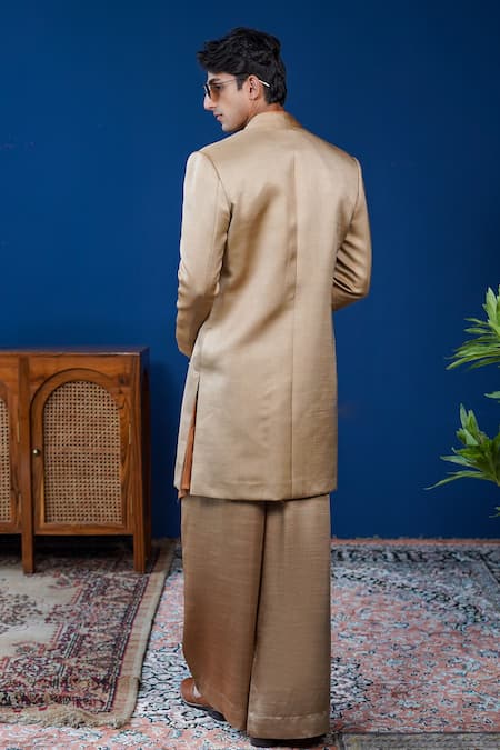 Shop Philocaly Beige Linen, Satin Rivat Pintuck Shawl Lapel Open Indowestern Jacket at Aza Fashions Shop_Philocaly_Beige Linen, Satin Rivat Pintuck Shawl Lapel Open Indowestern Jacket _at_Aza_Fashions