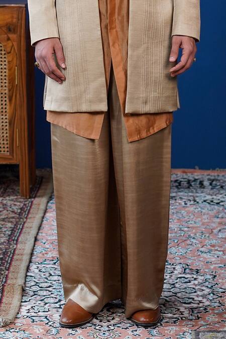 Buy_Philocaly_Beige Linen, Satin, Chanderi Silk Rivat Set Pintuck Indowestern Jacket And Kurta _Online_at_Aza_Fashions