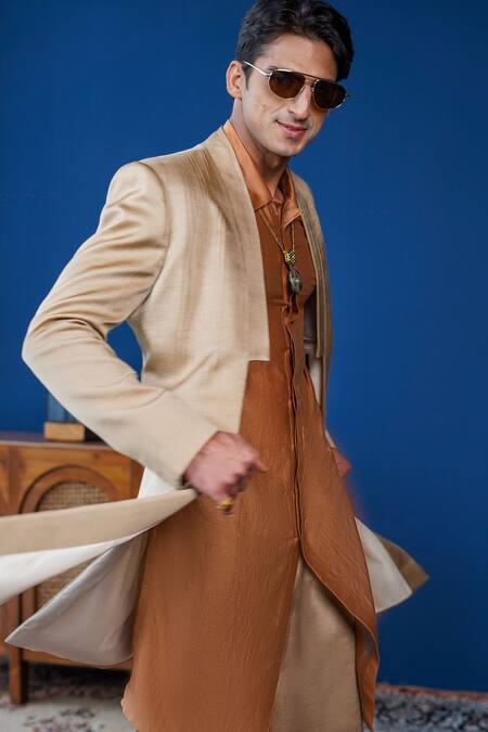 Shop_Philocaly_Beige Linen, Satin, Chanderi Silk Rivat Set Pintuck Indowestern Jacket And Kurta _Online_at_Aza_Fashions