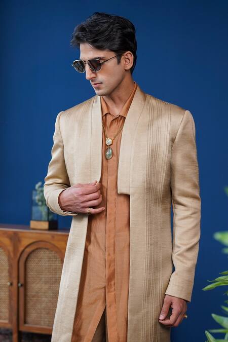 Philocaly_Beige Linen, Satin, Chanderi Silk Rivat Set Pintuck Indowestern Jacket And Kurta _at_Aza_Fashions
