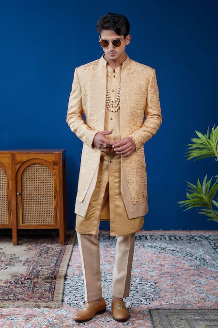 Philocaly Beige Silk Embroidery Amber Open Indo Sherwani 