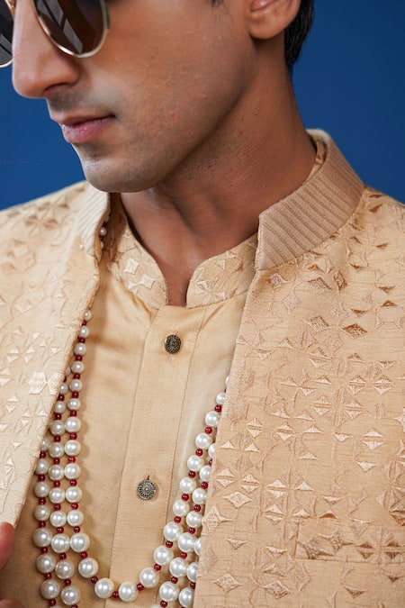 Buy_Philocaly_Beige Silk Embroidery Amber Open Indo Sherwani _Online_at_Aza_Fashions