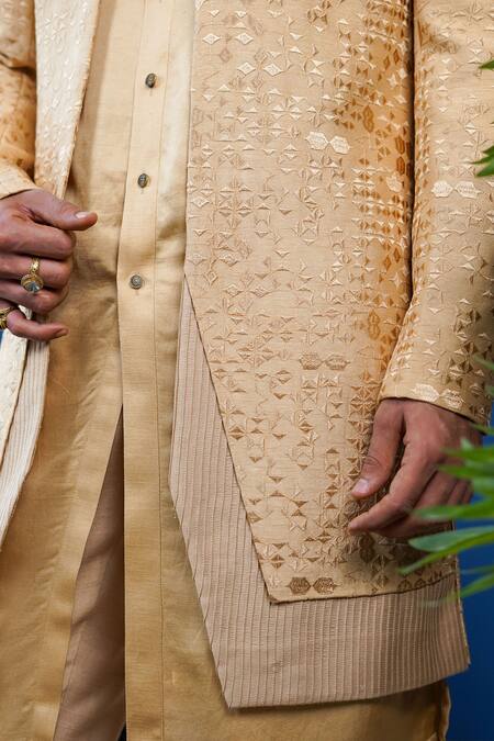Philocaly_Beige Silk Embroidery Amber Open Indo Sherwani _at_Aza_Fashions