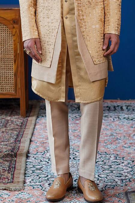 Philocaly_Beige Silk, Linen, Satin Embroidery Amber Pintuck Open Sherwani And Kurta _Online_at_Aza_Fashions