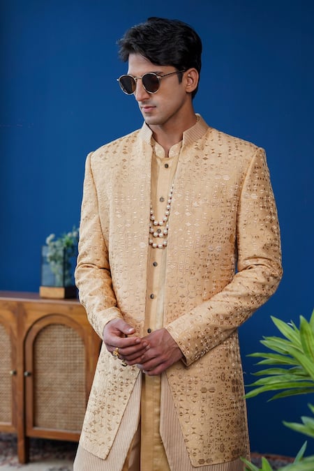 Buy_Philocaly_Beige Silk, Linen, Satin Embroidery Amber Pintuck Open Sherwani And Kurta _Online_at_Aza_Fashions
