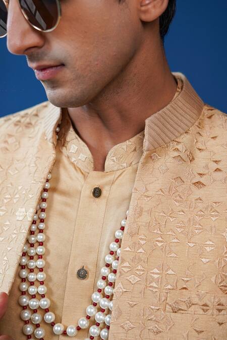 Shop_Philocaly_Beige Silk, Linen, Satin Embroidery Amber Pintuck Open Sherwani And Kurta _Online_at_Aza_Fashions