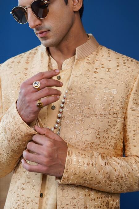 Philocaly_Beige Silk, Linen, Satin Embroidery Amber Pintuck Open Sherwani And Kurta _at_Aza_Fashions