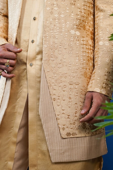 Buy_Philocaly_Beige Silk, Linen, Satin Embroidery Amber Pintuck Open Sherwani And Kurta 