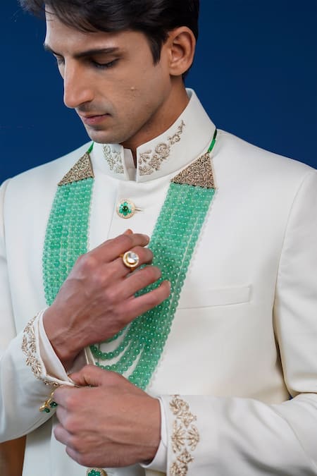 Philocaly_Off White Wool Embroidery Zohra Zardozi Achkan _Online_at_Aza_Fashions