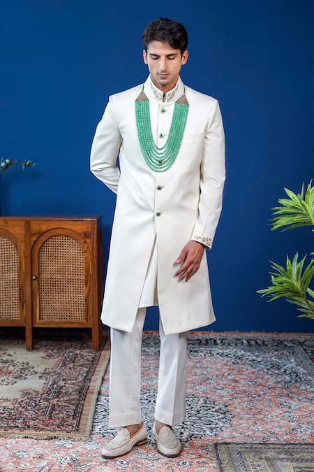 Philocaly Off White Wool Embroidery Zohra Zardozi Achkan 