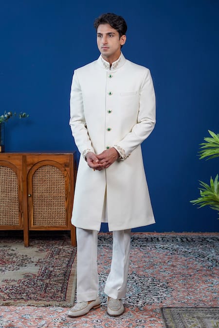 Philocaly_Off White Wool Embroidery Zohra Zardozi Achkan _at_Aza_Fashions