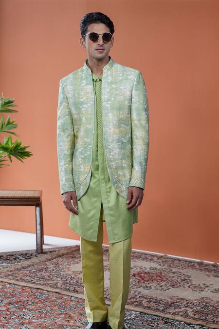 Philocaly Green Cotton, Tussar Piping Neerja Floral Printed Open Indo Bandhgala Jacket Online at Aza Fashions Philocaly_Green Cotton, Tussar Piping Neerja Floral Printed Open Indo Bandhgala Jacket _Online_at_Aza_Fashions