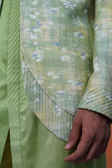 Shop Philocaly Green Cotton, Tussar Piping Neerja Floral Printed Open Indo Bandhgala Jacket Online at Aza Fashions Shop_Philocaly_Green Cotton, Tussar Piping Neerja Floral Printed Open Indo Bandhgala Jacket _Online_at_Aza_Fashions