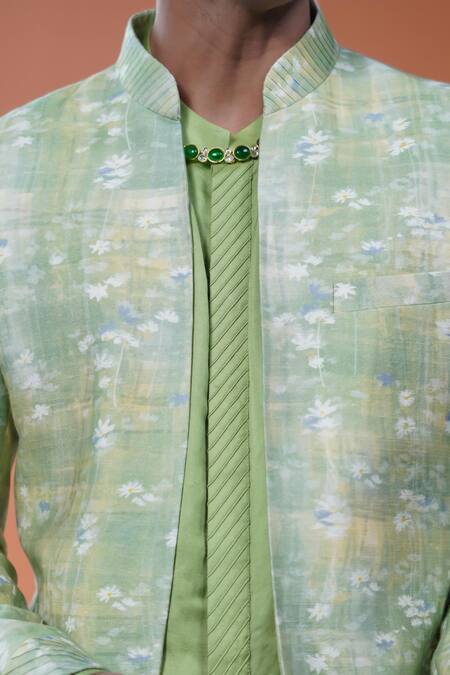 Philocaly_Green Tussar, Cotton, Neerja Floral Open Bandhgala And Pintuck Kurta _Online_at_Aza_Fashions