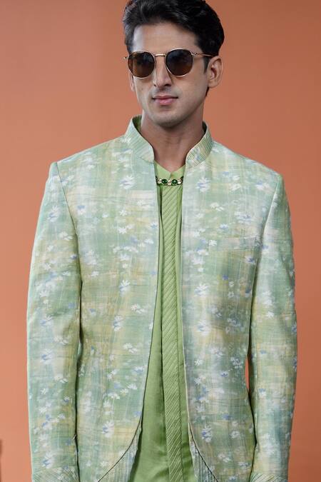 Buy_Philocaly_Green Tussar, Cotton, Neerja Floral Open Bandhgala And Pintuck Kurta _Online_at_Aza_Fashions
