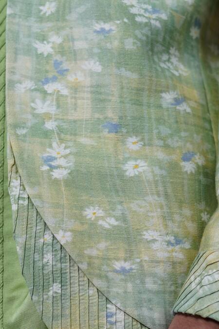 Shop_Philocaly_Green Tussar, Cotton, Neerja Floral Open Bandhgala And Pintuck Kurta _Online_at_Aza_Fashions