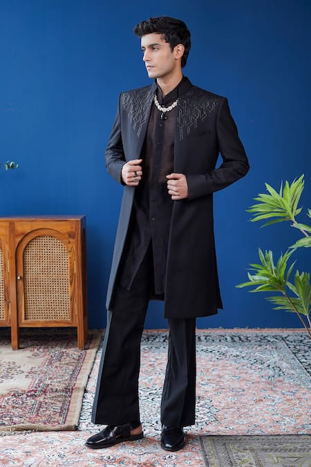 Philocaly Shaam Neem Zari Embroidered Indo Western Sherwani 