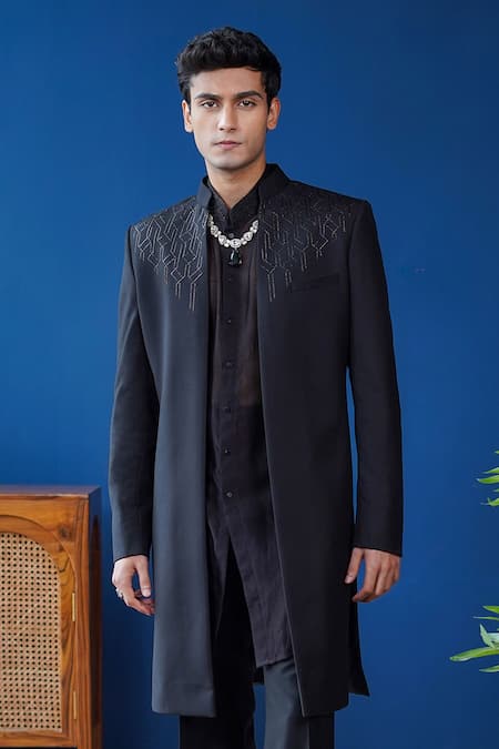 Philocaly_Black Wool, Chanderi Embroidery Shaam Perennial Sherwani And Kurta Set _Online_at_Aza_Fashions