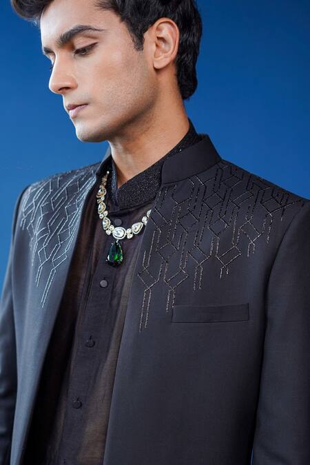 Philocaly_Black Wool, Chanderi Embroidery Shaam Perennial Sherwani And Kurta Set _at_Aza_Fashions