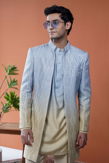 Philocaly_Blue Silk Embroidery Aurevia Ombre Geometric Sherwani _Online_at_Aza_Fashions