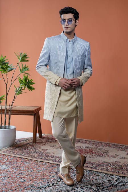 Philocaly Blue Silk Embroidery Aurevia Ombre Geometric Sherwani 