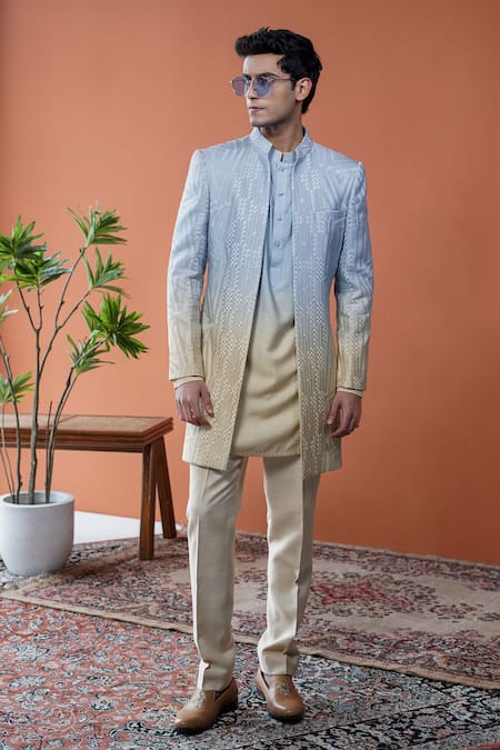 Buy_Philocaly_Blue Silk Embroidery Aurevia Ombre Geometric Sherwani _Online_at_Aza_Fashions