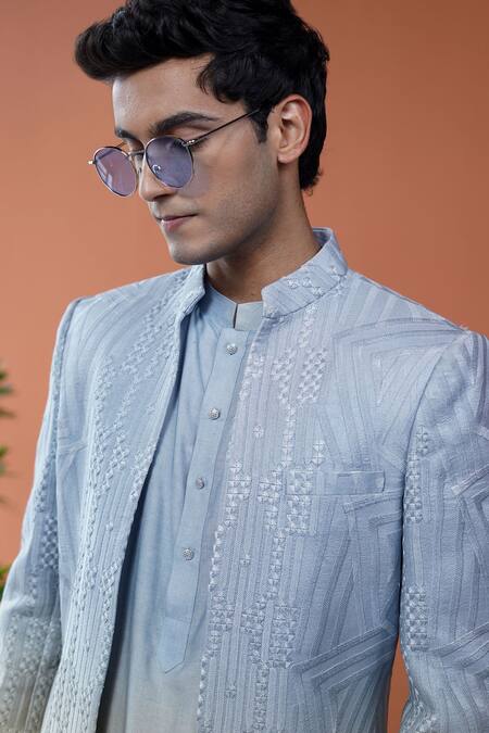 Shop_Philocaly_Blue Silk Embroidery Aurevia Ombre Geometric Sherwani _Online_at_Aza_Fashions